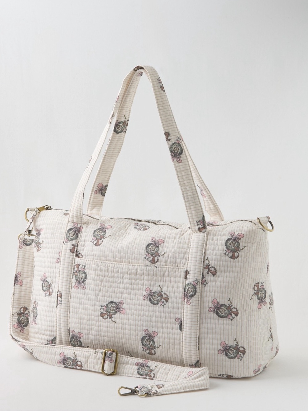 Aerie Quilted Cream Travel Weekender Bag with Pink Accents